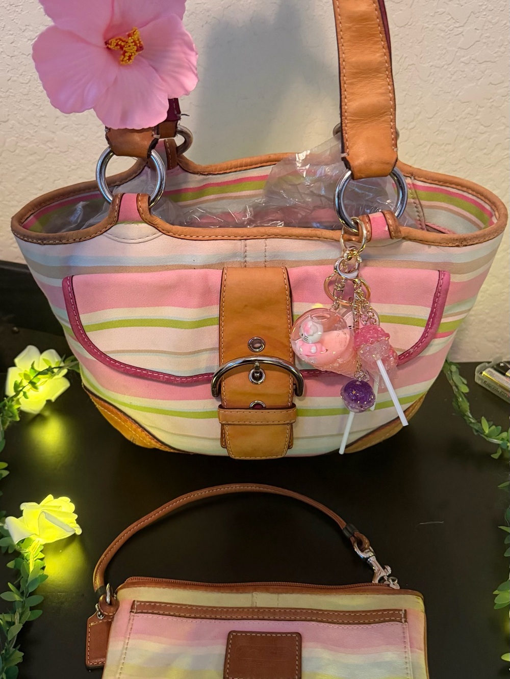Coach Striped Hobo Tote Bag with matching wristlet comes with charms